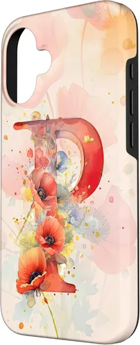 Vista 2 de iPhone 16 Beautiful Poppy Flowers Initial Letter P Monogram Watercolor Case
