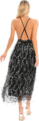 Vista 3 de Aigeman Sexy cuello en V profundo tirantes espagueti sin espalda lentejuelas Maxi vestido de fiesta de encaje mameluco brillante brillo vestido