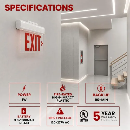 Vista 3 de Paquete de 2 luces LED de salida de emergencia iluminadas con borde Luz de salida roja de montaje universal de 180° Respaldo de batería