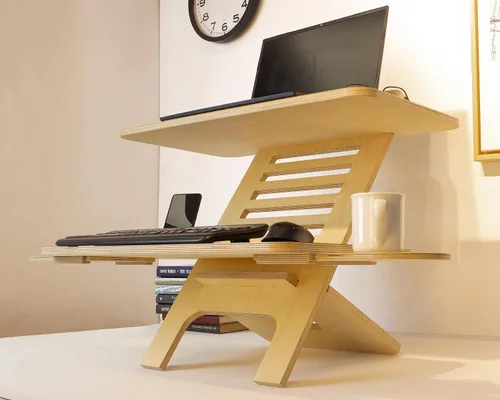 Vista 7 de Soporte ajustable para computadora portátil de madera, convertidor de escritorio de pie, soporte de escritorio de estación de trabajo, mesa