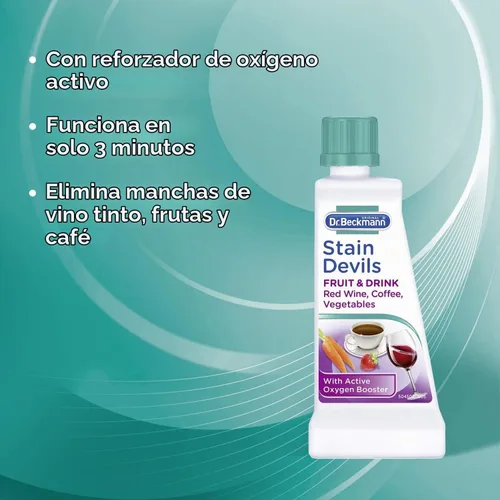 Vista 2 de Dr. Beckmann Stain Devils - Quitamanchas - Frutas y bebidas, 1.76 oz Suave con colores y telas. Apunta a manchas como vino tinto, café, jugo