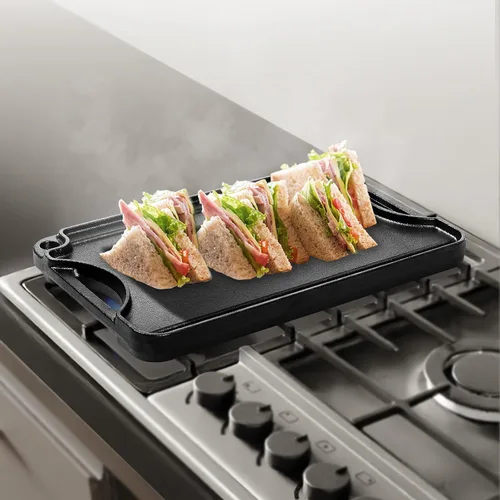 Vista 9 de VEVOR Parrilla/plancha reversible, plancha de hierro fundido pre-sazonada de 14 x 8.5 pulgadas, sartén rectangular portátil con asa, utensilios