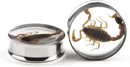 Vista 3 de Tapones para oreja, incrustaciones de escorpión auténtico, de acero inoxidable, túneles de doble llamarada, dilatadores para estirar, piercing