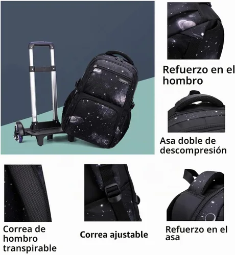 Vista 6 de VIDOSCLA Elementary Galaxy - Mochila con ruedas para adolescentes, mochila con ruedas para la escuela, Negro Azul-3pcs 6 Ruedas, 6 ruedas 3 piezas