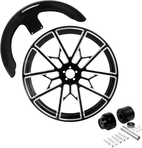 Vista 82 de TCMT Llanta de rueda delantera de 21", buje de rueda de brida de doble disco con guardabarros delantero negro sin pintar, compatible con modelos