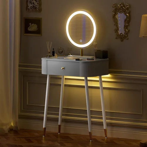 Vista 9 de WinZo Mesa de tocador de 24" con espejo y luces, pequeña mesa de tocador de maquillaje con 1 cajón de almacenamiento, elegante mesa de tocador