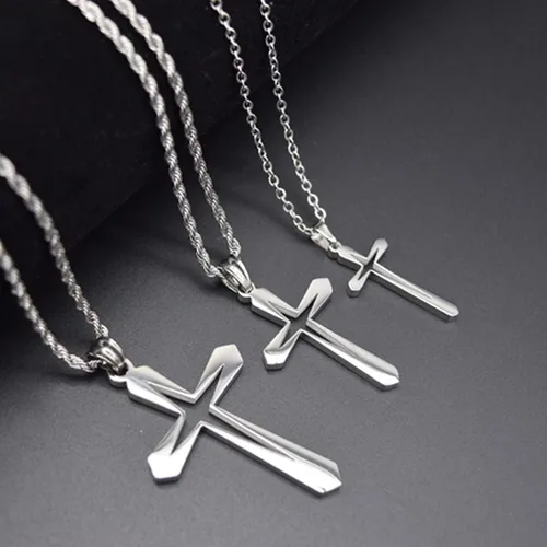 Vista 5 de Caiyao Collares de acero inoxidable con colgante de cruz de estrella hueca, hipoalergénicos, cruz hueca, de plata fresca, para mujeres, hombres