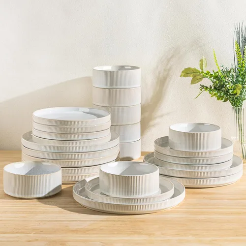 Vista 24 de TheTerra Juego de vajilla de cerámica para 4, juego de 12 platos y cuencos ligeros de porcelana, resistente a los arañazos, apto para horno