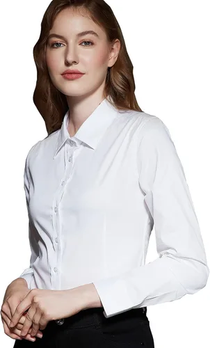 Vista 2 de DIYUS Blusa de trabajo de manga corta de algodón elástico con botones para mujer