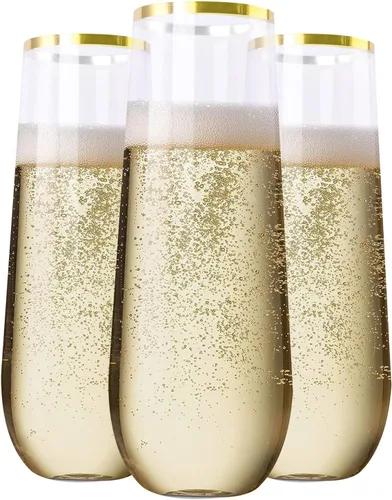 Vista 11 de SUT 24 copas de champán de plástico color oro rosa, copas de champán de plástico sin tallo de 9 onzas, vasos de tostado transparente con borde