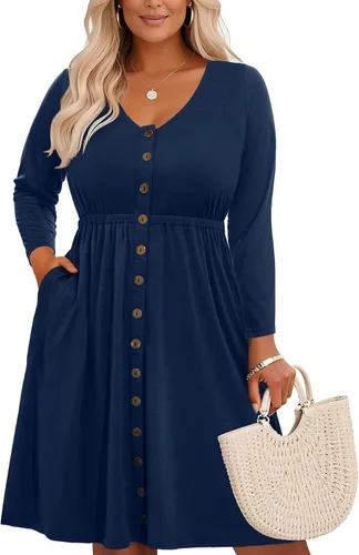 Vista 7 de Holipick Vestidos de verano para mujer, talla grande, casual, con bolsillos, acampanado, con botones, sin mangas, cuello en V