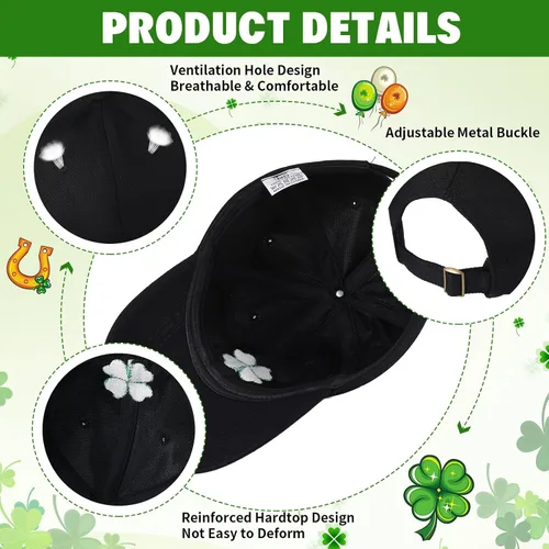 Vista 3 de Liitrsh Paquete de 2 gorras de béisbol del día de San Patricio, trébol de trébol, gorra de béisbol verde irlandés de 4 hojas, sombrero bordado