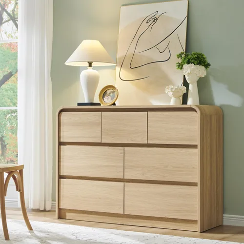 Vista 16 de Aitjunz - Cómoda moderna de 5 cajones para dormitorio, 45 pulgadas de alto, diseño de perfil curvo, cómoda vertical de madera estilo Mid-Century