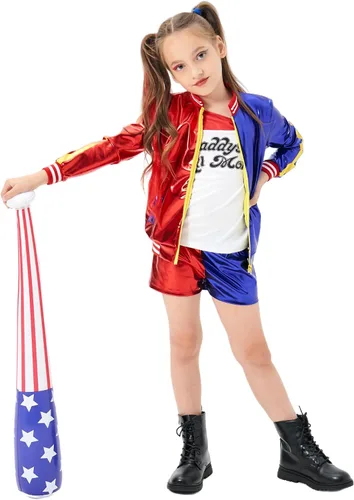 Vista 2 de Disfraces de Halloween para niñas, disfraces de Joker con chaqueta, pantalones cortos, camiseta, fácil de usar para disfraces de cosplay de niños