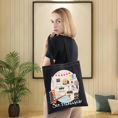 Vista 2 de LEVLO San Francisco Trip Tote Bag - Golden Souvenir Bolsa de comestibles reutilizable
