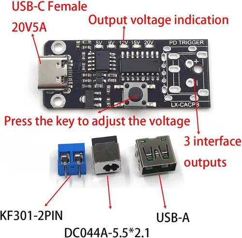 Vista 2 de 2 unids USB-C PD QC DC5V 9V 12V 15V 20V voltaje ajustable módulo de disparador de potencia 5A Tipo-C entrada hembra