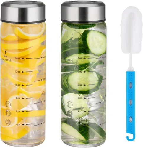 Vista 9 de Botellas de jugo de vidrio de 12 onzas - 2 paquetes de botellas de agua de boca ancha con tapas para jugos, botellas de jugo reutilizables