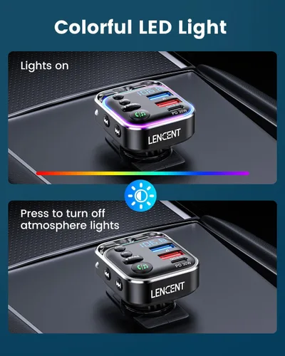 Vista 8 de LENCENT Bluetooth 5.3 Transmisor FM Adaptador de coche 48W (PD30W y QC18W) Fast Charger, Light Switch, HiFi Bass Sound Wireless Radio MP3 Music