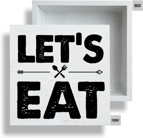 Vista 3 de Letrero de madera con texto en inglés "Let's Eat" de granja con texto en inglés "Let's Eat", moderno bloque de madera, letrero de mesa para comedor