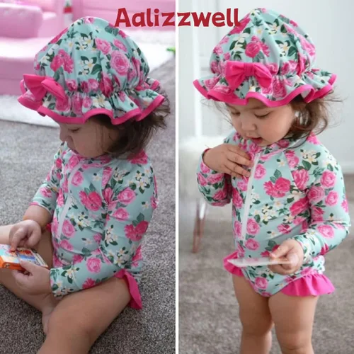 Vista 92 de Aalizzwell Traje de baño de una pieza de manga larga con sombrero para bebé niña
