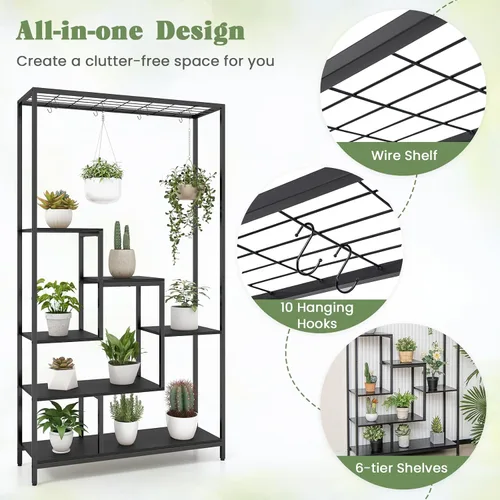 Vista 3 de Soporte para plantas de 6 niveles para interiores, soporte para plantas de 70.9 pulgadas de alto con 10 ganchos colgantes en S, estante de metal
