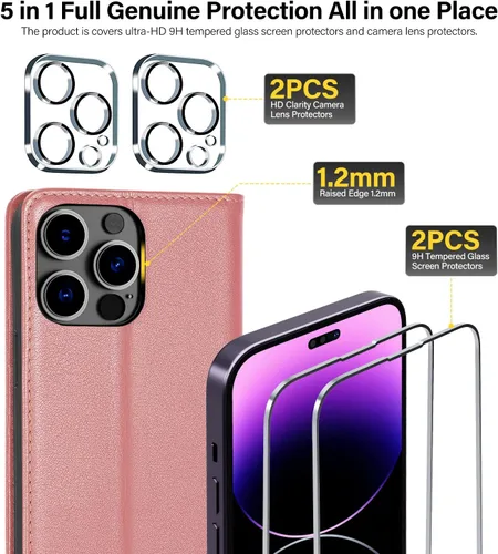 Vista 7 de Utook Funda compatible con iPhone 14 Pro, funda magnética de cuero genuino con tapa para teléfono celular con tarjeta de crédito, bloqueo RFID, a