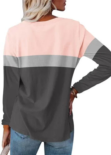 Vista 2 de Minetom Camisetas de manga larga con cuello en V para mujer, estilo casual, bloque de colorsólido, camisetas básicas