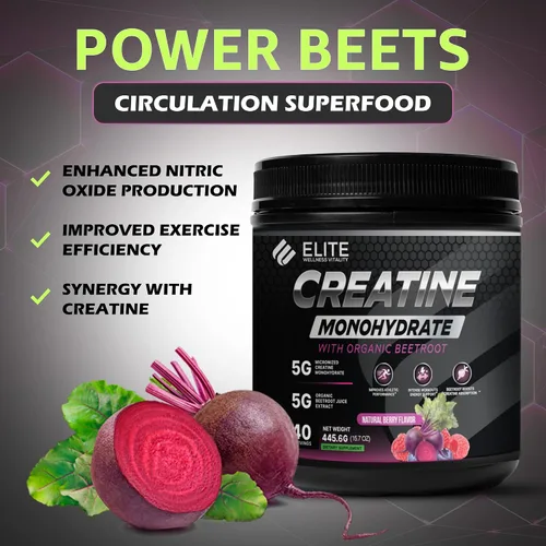 Vista 5 de Elite Wellness - Monohidrato de creatina con sabor a bayas con suplemento orgánico de remolacha, apoya la fuerza muscular, la resistencia