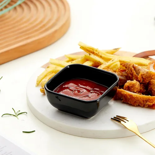 Vista 6 de Juego de cuencos de cerámica de 6,3 onzas de porcelana pequeños pequeños platos cuadrados para salsa de soja, buenos para salsa de tomate, soja