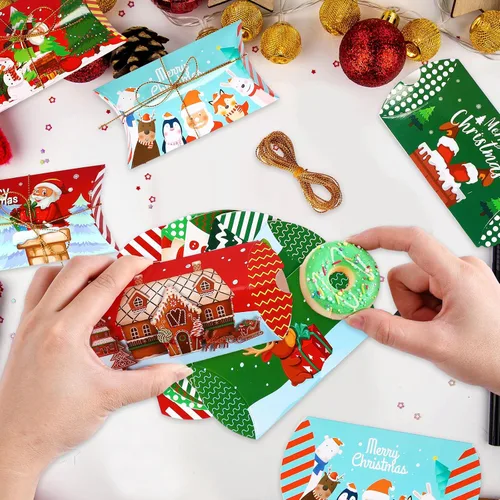 Vista 2 de Cholemy 120 cajas de almohada de Navidad, cajas de regalo pequeñas, tarjetas de regalo de Navidad, a granel, 12 diseños, cajas de dulces de Navidad