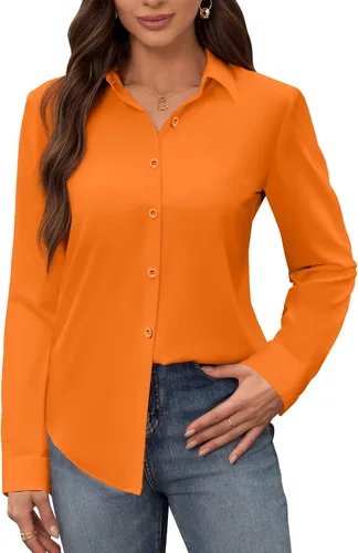 Vista 12 de Siliteelon - Camisas de vestir para mujer, a prueba de manchas, sin arrugas, de manga larga, sólidas, para trabajo y negocios, con botones