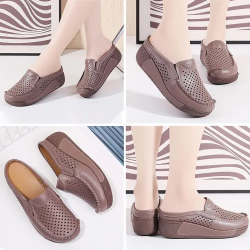 Vista 4 de UGOSELEC Sandalias de cuero transpirable para mujer, estilo casual, hueco, antideslizante, soporte de arco, sin cordones, zapatos de trabajo