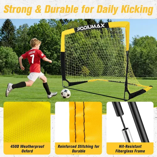 Vista 4 de PodiuMax Juego de porterías de fútbol para niños, conjunto de 2, de 4x3 pies. Porterías de fútbol emergentes, portátiles y para el patio trasero
