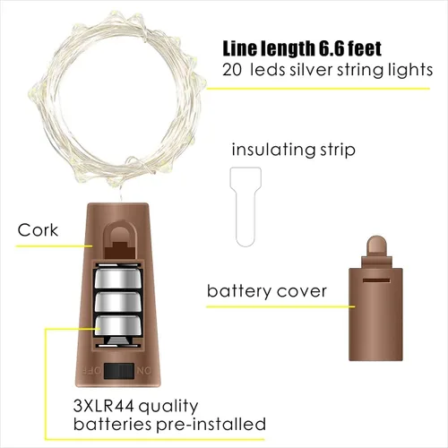 Vista 4 de Paquete de 30 luces para botella de vino con corcho, luces de botella de corcho, funciona con pilas, cable plateado de 6.6 pies, 20 luces LED, luces