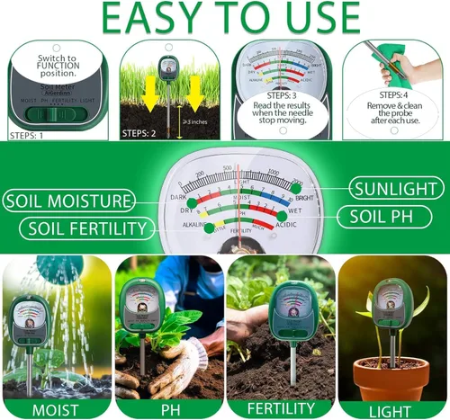 Vista 4 de Probador de Suelo, Medidor de Humedad del Suelo/Medidor de pH del Suelo/Luz Solar/Fertilidad para Jardinería, Probador de pH de Suelo de Dial