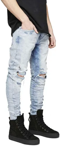 Vista 2 de HUNGSON Pantalones de mezclilla elásticos ajustados para hombre, jeans ajustados rasgados para hombre, pantalones de pierna recta desgastados
