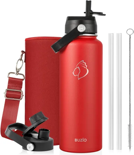 Vista 10 de BUZIO Botella de agua aislada de 24 oz, frasco de agua de boca ancha de acero inoxidable con tapa de pajita, frío durante 48 horas a prueba de Negro