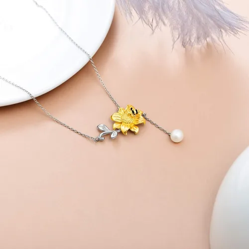 Vista 6 de Yafeeso Pearl Pendant Necklace 925 Sterling Silver Single PearlBee Sunflower Pendant Necklace Dainty Jewelry Gifts for Her