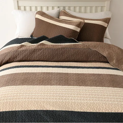Vista 8 de Finlonte Colcha tamaño Queen, 100% algodón, cubrecamas de gran tamaño, tamaño Queen, color marrón carbón, beige, acolchado, a rayas, estilo granja