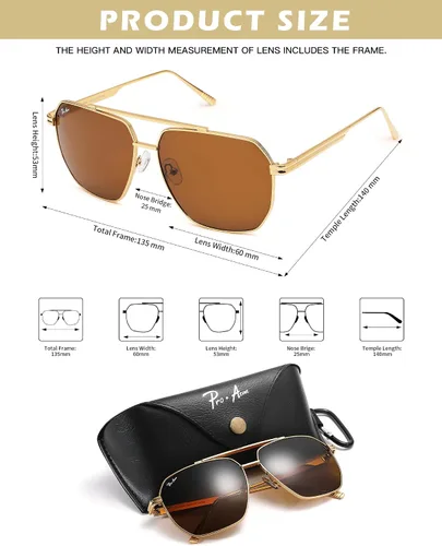 Vista 5 de Pro Acme Gafas de sol cuadradas de gran tamaño, gafas de sol clásicas vintage con marco de metal UV400