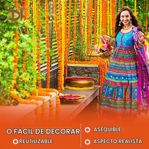 Vista 6 de DIYANA IMPEX Guirnalda de caléndula para decoración, 5 piezas de 5 pies de largo, flores de caléndula artificiales, decoración india para Pooja