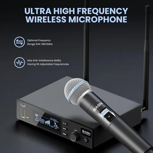Vista 3 de BASN UHF Sistema de micrófono inalámbrico de doble canal, micrófonos de mano para escenario, karaoke, bodas, DJ y eventos (negro)