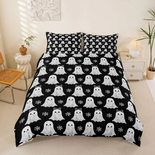 Vista 7 de Funda de edredón con diseño de murciélago, juego de ropa de cama de murciélago negro y naranja, funda de edredón temática de Halloween