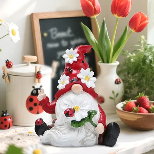 Vista 4 de Hodao Decoraciones de gnomos de primavera de mariquita para mesa del hogar, porche, jardín, patio, adornos de elfo de mariquita, decoración