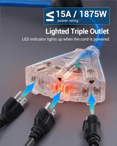Vista 4 de DEWENWILS Carrete de Cable de Servicio Pesado, Cable de Extensión de Alimentación Retráctil de 40 Pies, 12AWG/3C SJTOW, 3 Tomas Triples Iluminadas