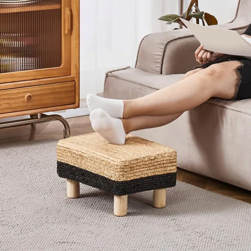 Vista 2 de Wimarsbon Reposapiés Otomán Rectangular de Hierba Marina Natural Reposapiés Pouf Otomanes con Patas de Madera Tejido a Mano Taburete Escalón