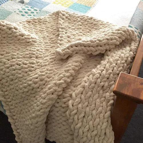 Vista 4 de Manta de punto grueso de felpilla beige, hecha a mano, voluminosa, suave, esponjosa, de gran tamaño, trenzada a mano, para sofá, regalo bohemio, 24