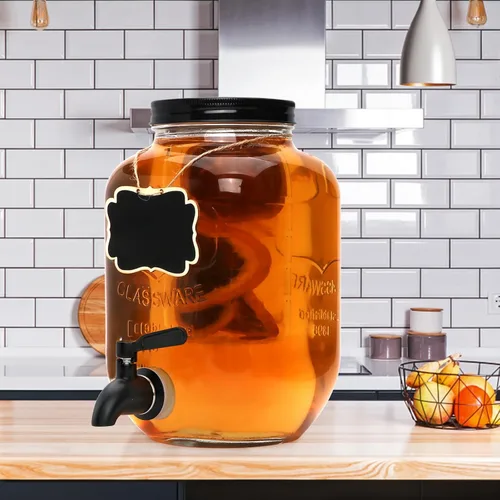 Vista 5 de Accguan Dispensador de bebidas de 1 galón, dispensador de agua de vidrio con tapa de lata negra y grifo de acero inoxidable negro, marco de hierro