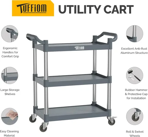 Vista 19 de TUFFIOM Carrito de servicio de plástico de 3 niveles con ruedas, resistente capacidad de 390 libras, rodante comercial, ideal para restaurantes