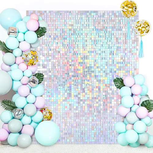 Vista 45 de 12 paneles cuadrados de lentejuelas brillantes para pared color azul claro (Baby Blue) telón de fondo decorativo para fiestas de bodas